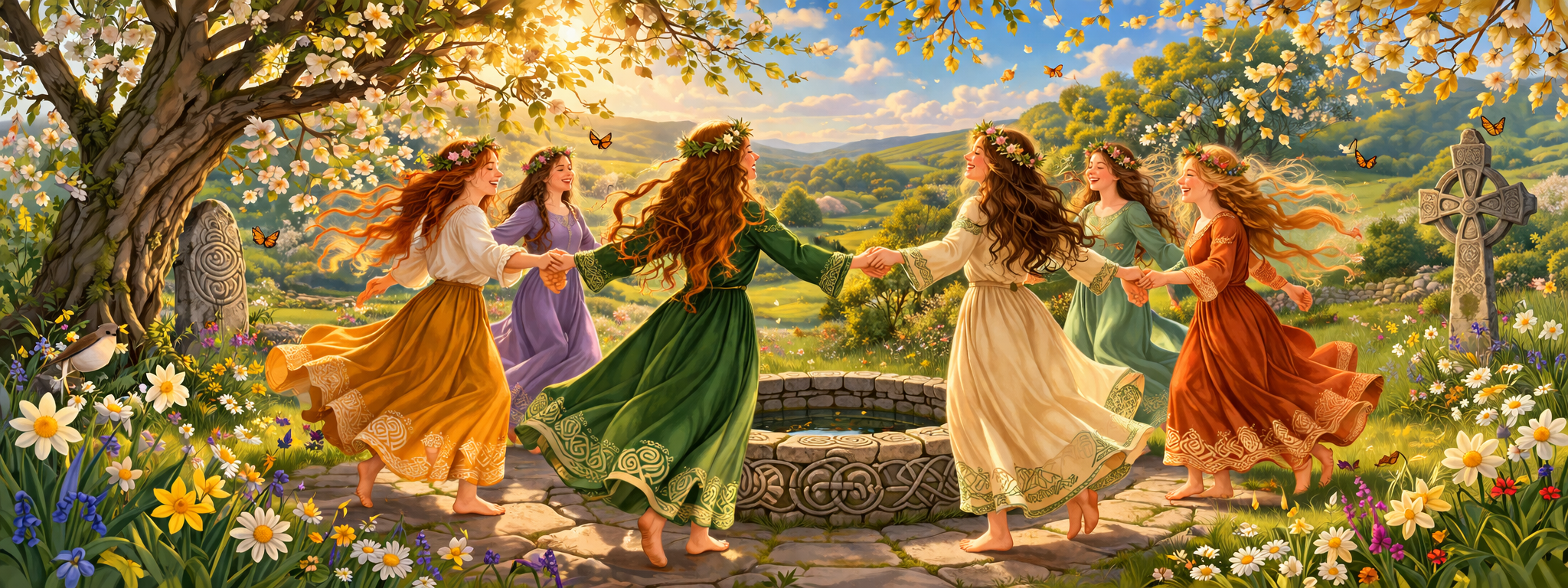 Six women dancing around a stone holy well in an Irish landscape