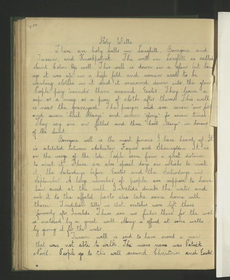 Handwritten page from the Ballyhahill Schools’ Collection titled ‘Holy Wells’, describing wells in Loughill, Borrigone, Tureen, and Knockpatrick